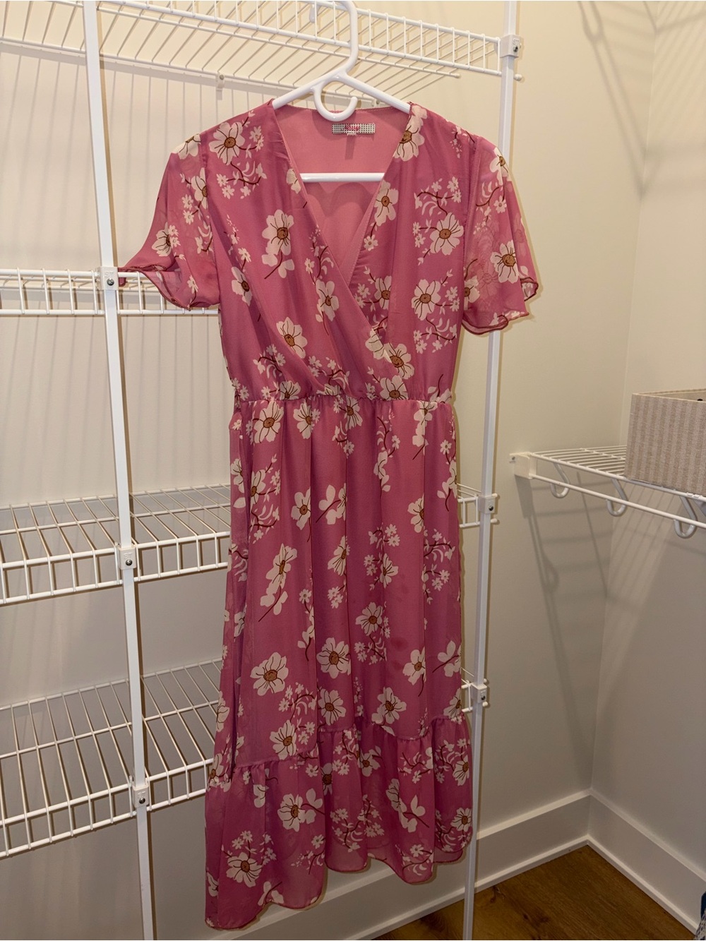 Something Navy Pink Floral Midi Wrap Dress
